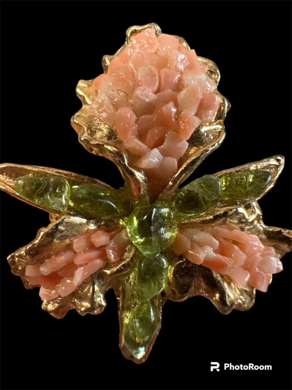 Gold-Tone Floral Brooch with Peach and Green Accents